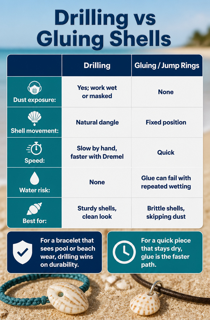 Shell Bracelet DIY: String, Drill or Glue Shells in 6 Steps 8 Information comparing drilling and gluing shells for jewelry.