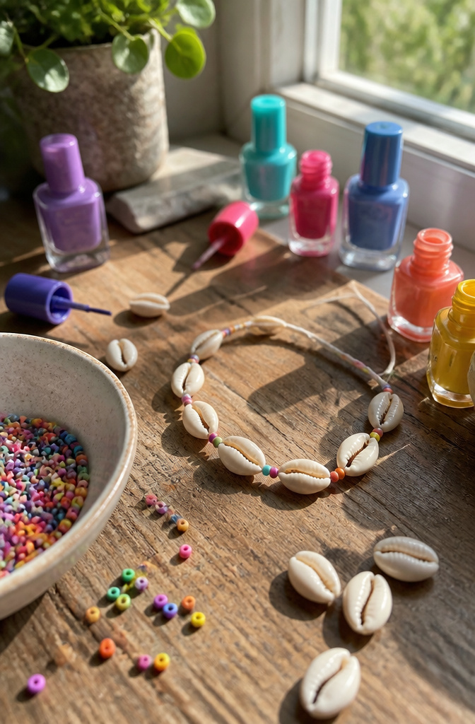 Shell Bracelet DIY: String, Drill or Glue Shells in 6 Steps 9 Assembly of seed beads and cowrie shells on a crafting table.