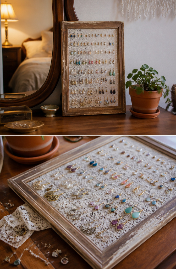 15 DIY Earring Storage Ideas for Every Jewelry Collection 1 A picture frame with mesh backing holding earrings in rows.