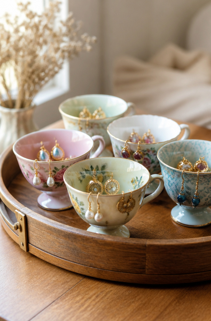 15 DIY Earring Storage Ideas for Every Jewelry Collection 11 Teacups arranged to hold different pairs of earrings.