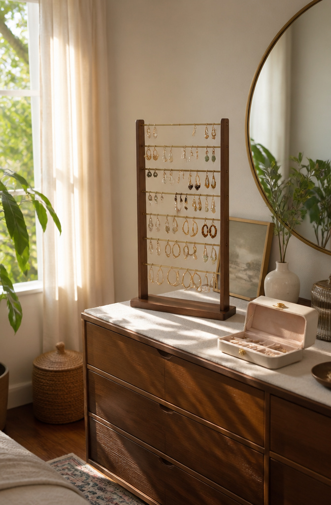 15 DIY Earring Storage Ideas for Every Jewelry Collection 5 A jewelry stand made of wood displaying various earrings.