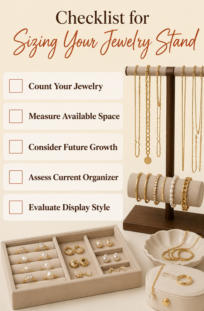 10 Unique Jewelry Stand Picks for 2026: From Stackers to Kate Spade 14 A checklist graphic for sizing a jewelry stand to your collection.