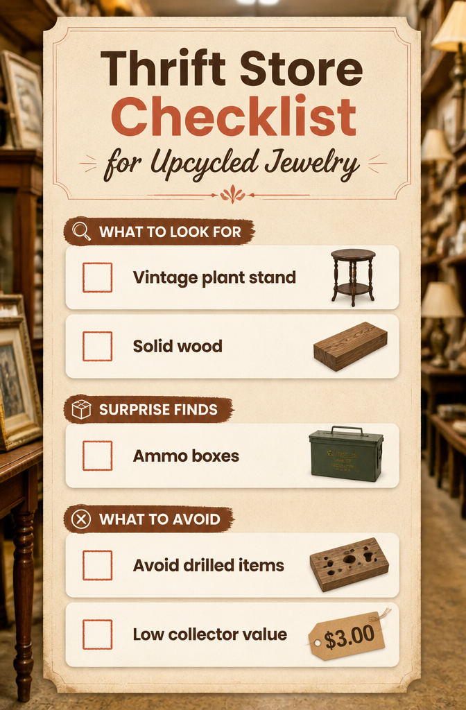 Upcycled Jewelry Display Ideas from Thrifted and Vintage Finds 13 A checklist for finding upcycled jewelry display items at thrift stores.