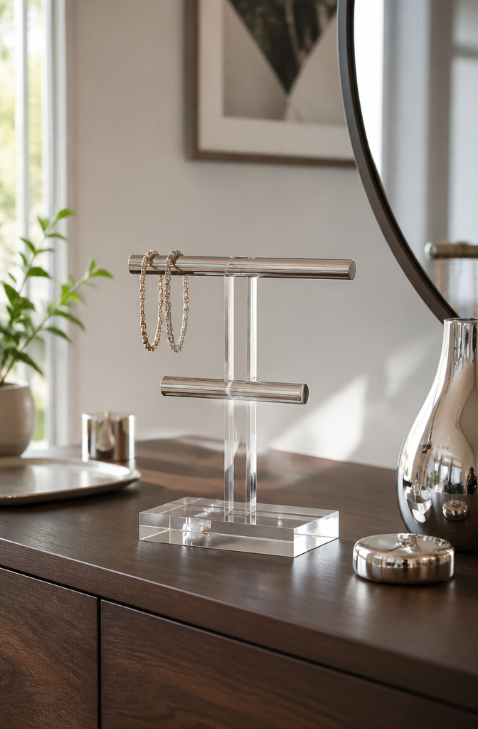Vintage Jewelry Holder: Brass, Lucite, Glass and Mid-Century Designs 2 Sleek vintage Lucite and nickel jewelry holder on a minimalist vanity.
